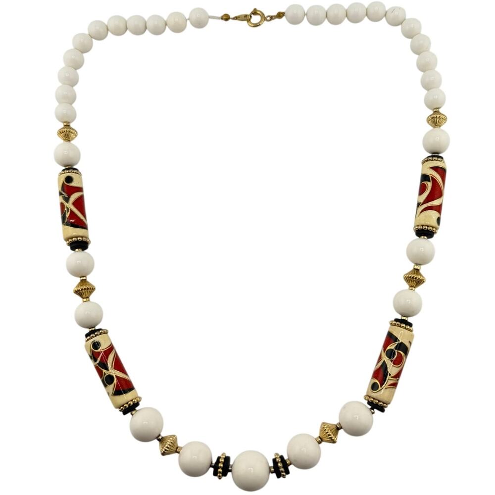Vintage 1970s Modernist Japanese Cloisonne Style Acrylic Beads 25" Necklace